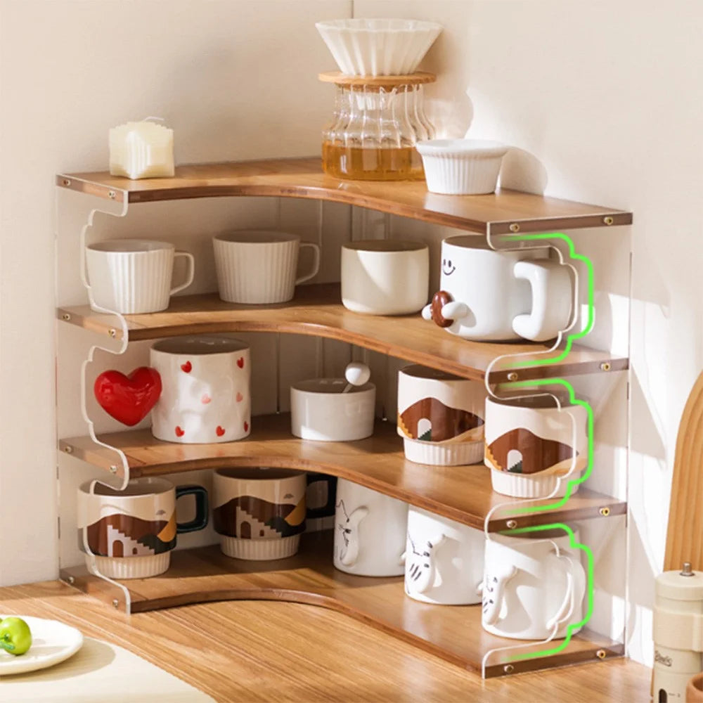 Bamboo Acrylic Cup Organizer Rack 4 Tier Corner Shelf for Mugs Tea Set Coffee Cups Storage Display Stand - Brown - 5