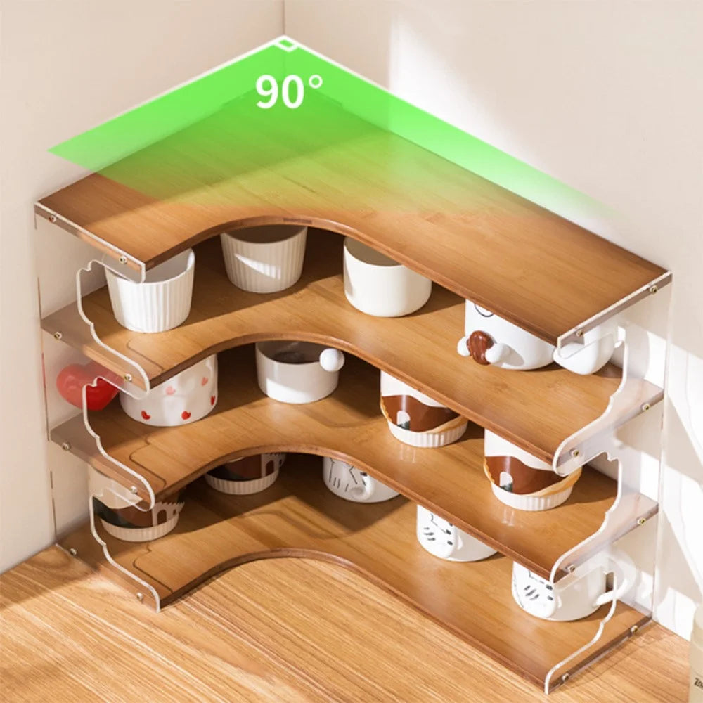 Bamboo Acrylic Cup Organizer Rack 4 Tier Corner Shelf for Mugs Tea Set Coffee Cups Storage Display Stand - Brown - 6
