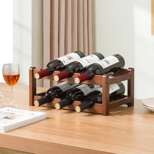 Creative 2-Tier Wine Rack for 6 Bottles Bamboo Tabletop Display Stand Home Bar Storage Organizer - 1