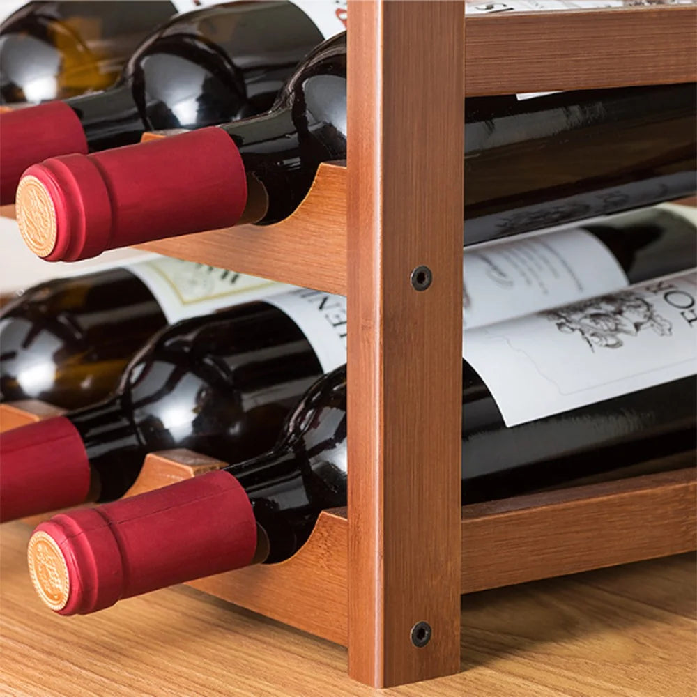 Creative 2-Tier Wine Rack for 6 Bottles Bamboo Tabletop Display Stand Home Bar Storage Organizer - 4