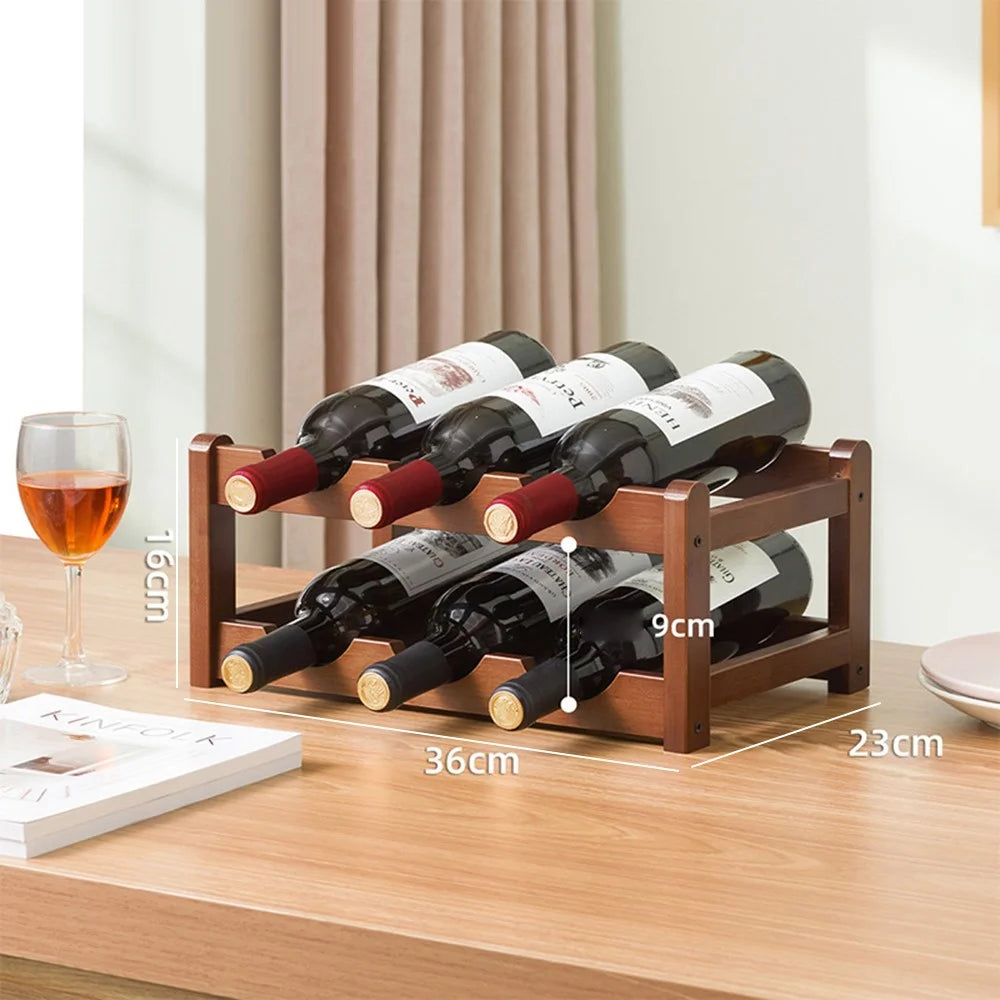 Creative 2-Tier Wine Rack for 6 Bottles Bamboo Tabletop Display Stand Home Bar Storage Organizer - 6