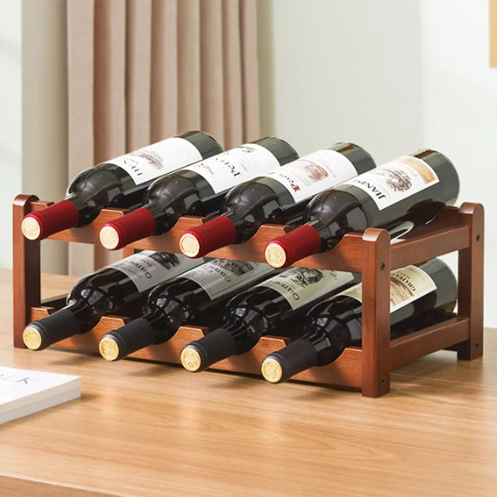 Creative 2-Tier Wine Rack for 8 Bottles Bamboo Tabletop Display Stand Home Bar Storage Organizer - 1