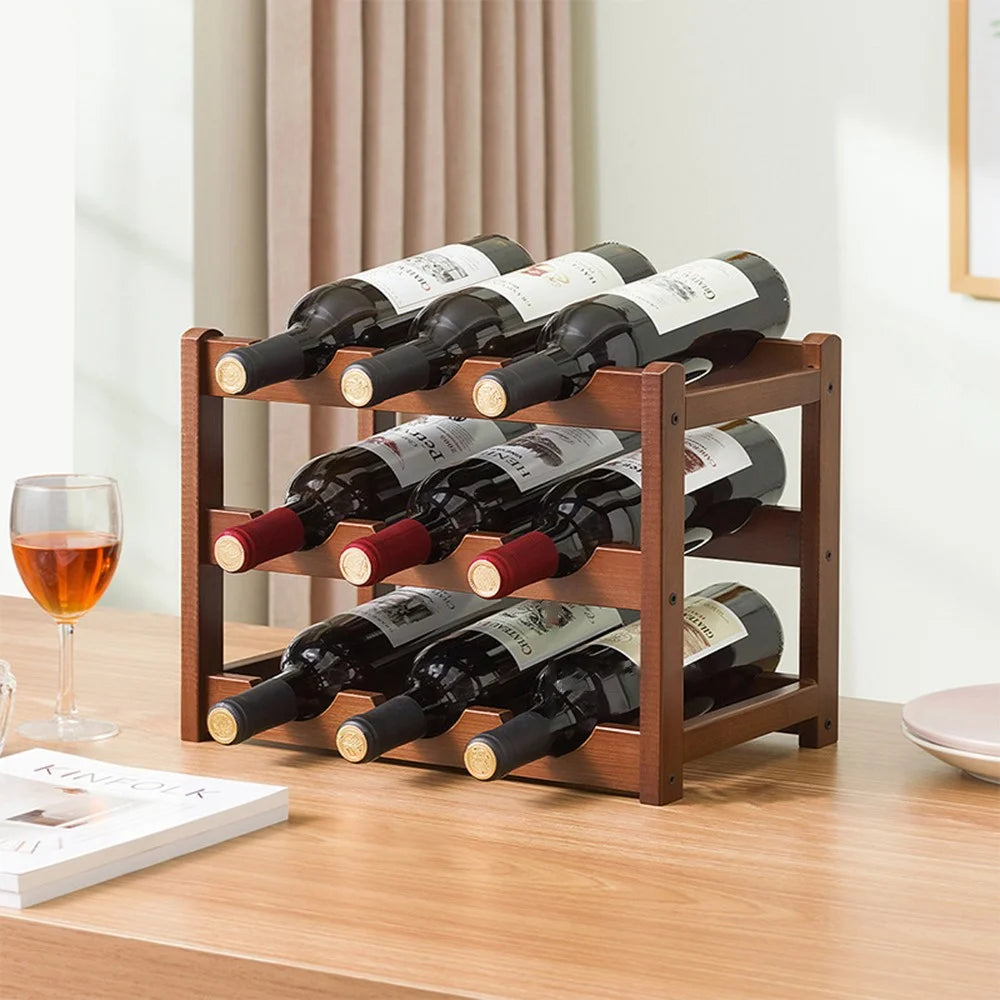 Creative 3-Tier Wine Rack for 9 Bottles Bamboo Tabletop Display Stand Home Bar Storage Organizer - 1