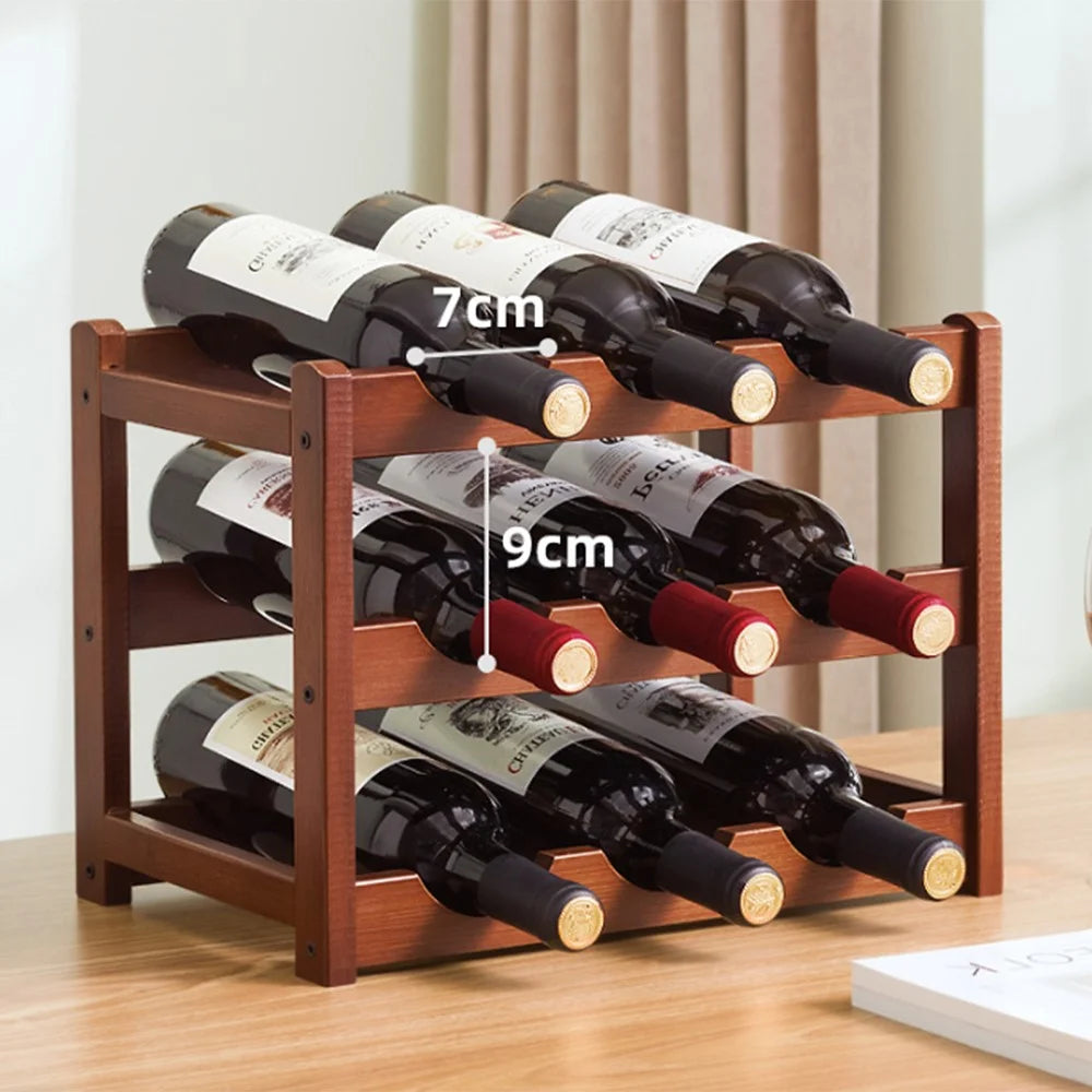 Creative 3-Tier Wine Rack for 9 Bottles Bamboo Tabletop Display Stand Home Bar Storage Organizer - 2