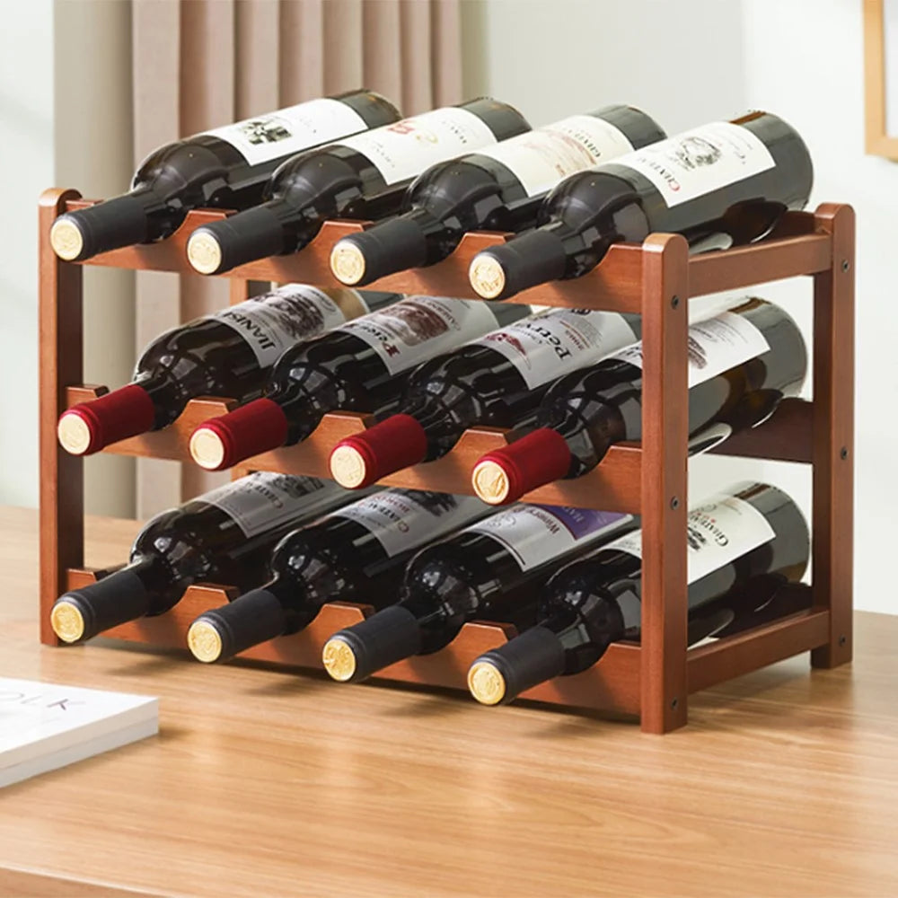 Creative 3-Tier Wine Rack for 12 Bottles Bamboo Tabletop Display Stand Home Bar Storage Organizer - 1