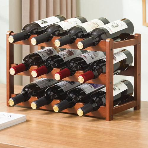 Creative 3-Tier Wine Rack for 12 Bottles Bamboo Tabletop Display Stand Home Bar Storage Organizer - 1
