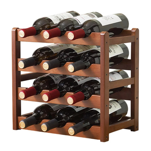 Creative 4-Tier Wine Rack for 12 Bottles Bamboo Tabletop Display Stand Home Bar Storage Organizer - 1