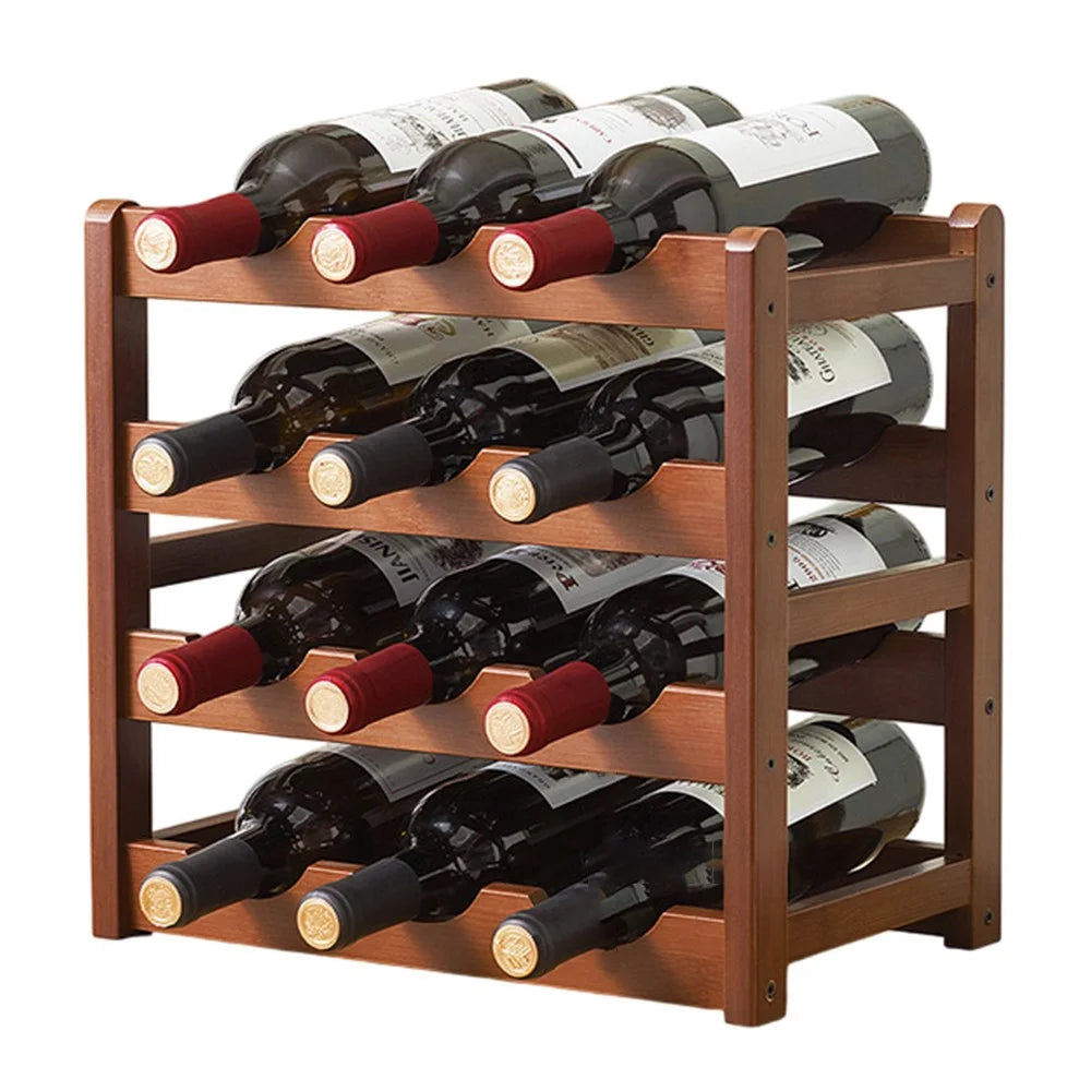 Creative 4-Tier Wine Rack for 12 Bottles Bamboo Tabletop Display Stand Home Bar Storage Organizer - 1