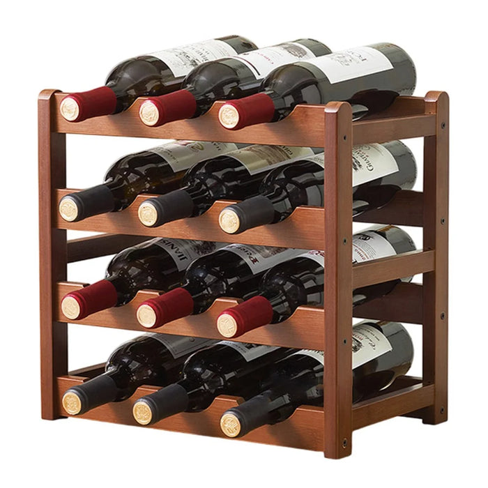 Creative 4-Tier Wine Rack for 12 Bottles Bamboo Tabletop Display Stand Home Bar Storage Organizer - 1