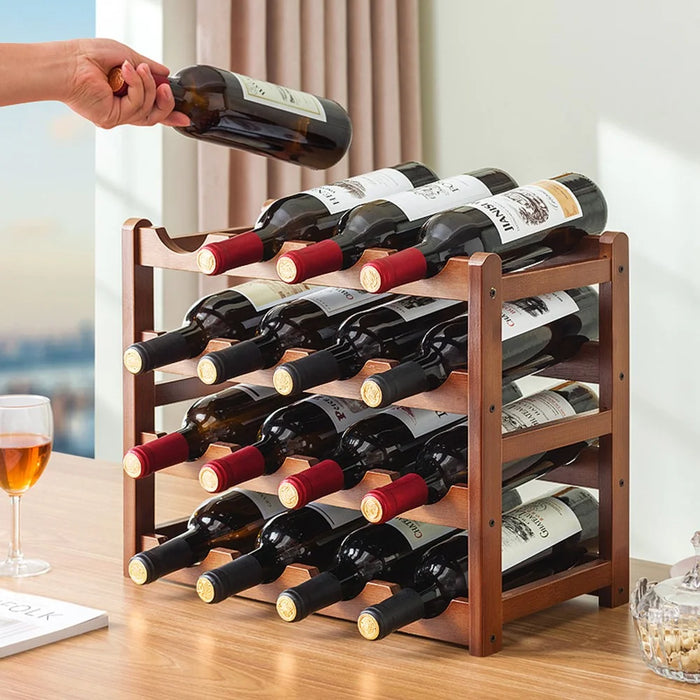 Creative 4-Tier Wine Rack for 16 Bottles Bamboo Tabletop Display Stand Home Bar Storage Organizer - 2