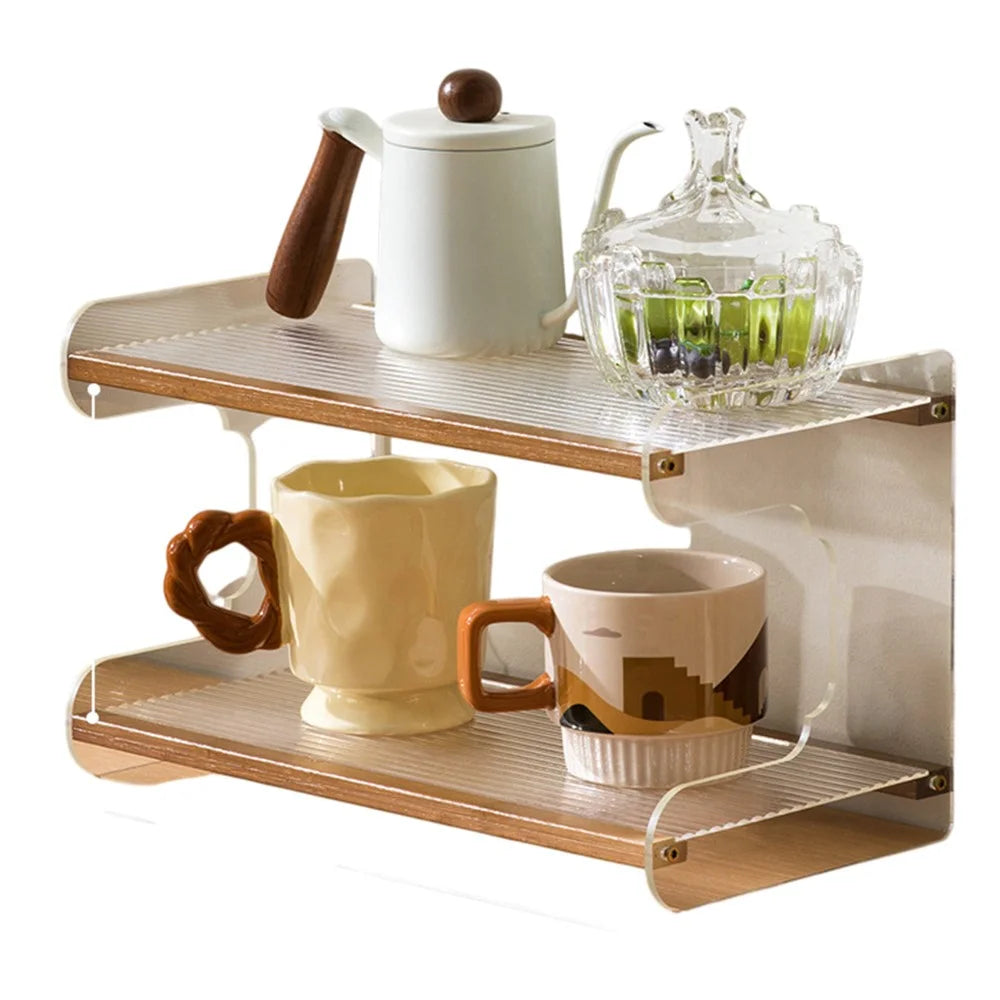 2 Tier Desktop Storage Organizer Office Desk Shelf Bamboo Acrylic Multi Purpose Storage Rack 35cm Length - Brown - 1