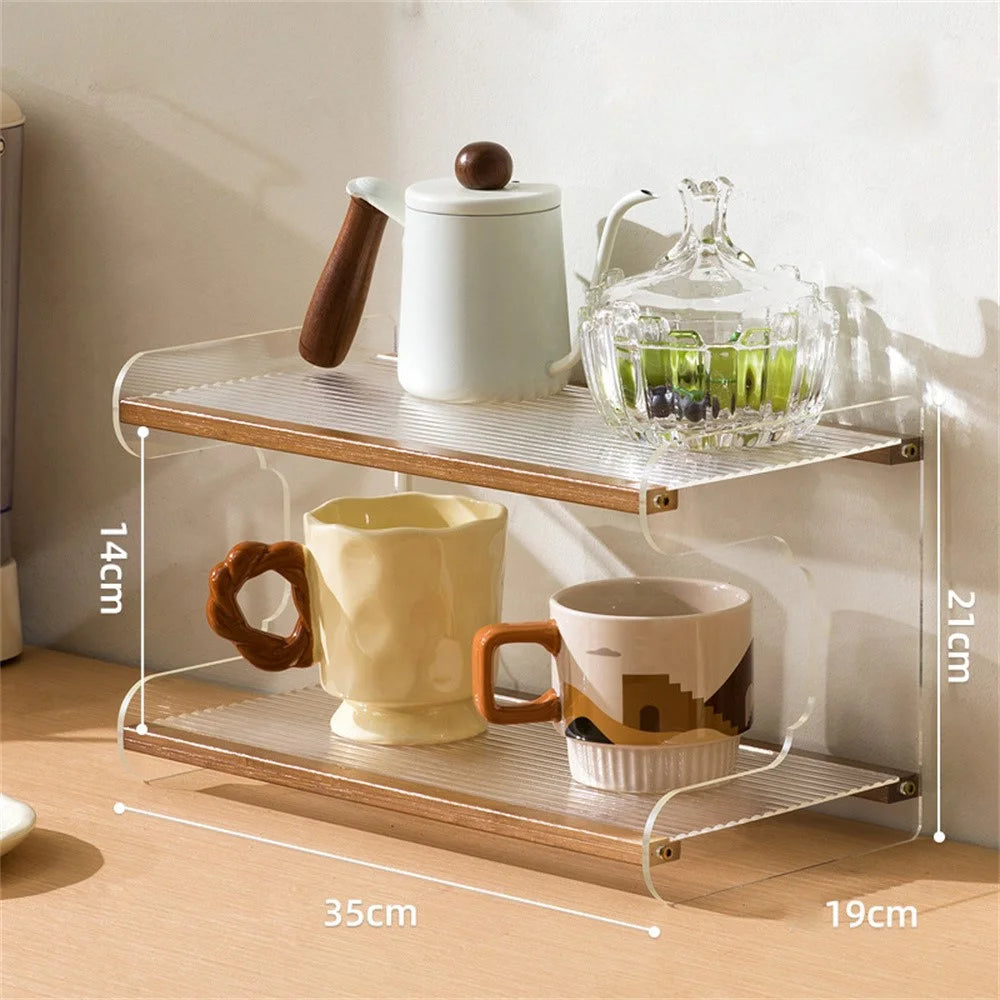 2 Tier Desktop Storage Organizer Office Desk Shelf Bamboo Acrylic Multi Purpose Storage Rack 35cm Length - Brown - 7
