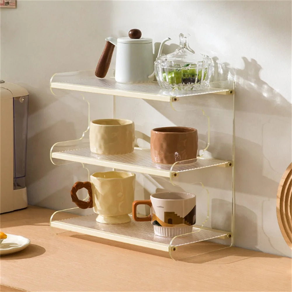 35cm 3 Tier Desktop Organizer for Office Home Bamboo Acrylic Storage Shelf Desk Rack - Beige - 2