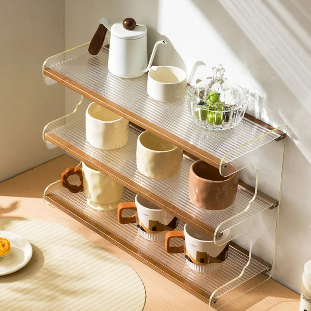 50cm 3 Tier Desktop Organizer for Office Home Bamboo Acrylic Storage Shelf Desk Rack - Brown - 3