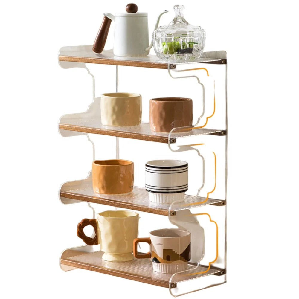 35cm 4 Tier Desktop Organizer for Office Home Bamboo Acrylic Storage Shelf Desk Rack - Brown - 1