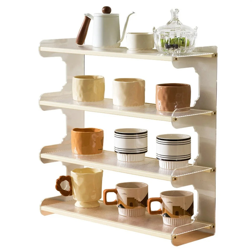 50cm 4 Tier Desktop Organizer for Office Home Bamboo Acrylic Storage Shelf Desk Rack - Beige - 1