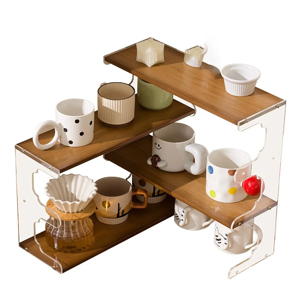 Desktop Corner Coffee Cup Holder L-Shape Bamboo Bookshelf Display Rack Storage Organizer - Brown - 1