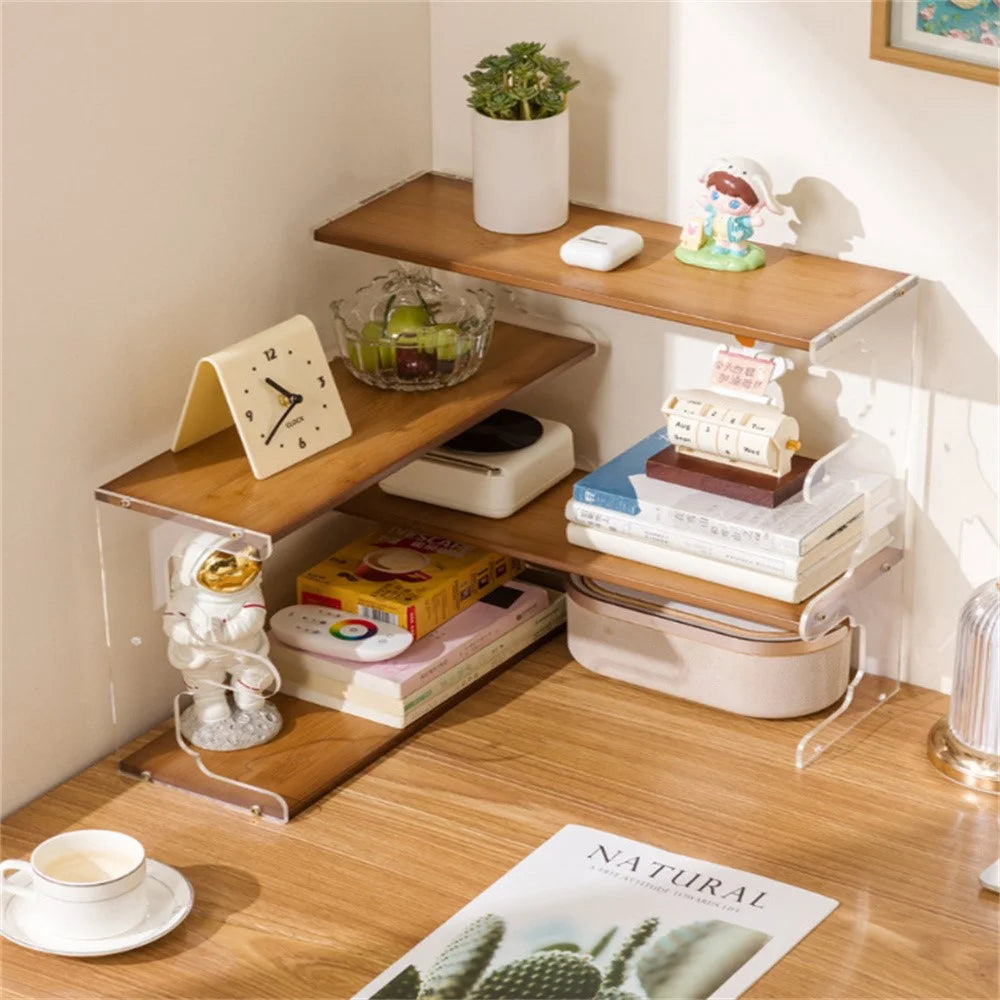 Desktop Corner Coffee Cup Holder L-Shape Bamboo Bookshelf Display Rack Storage Organizer - Brown - 2