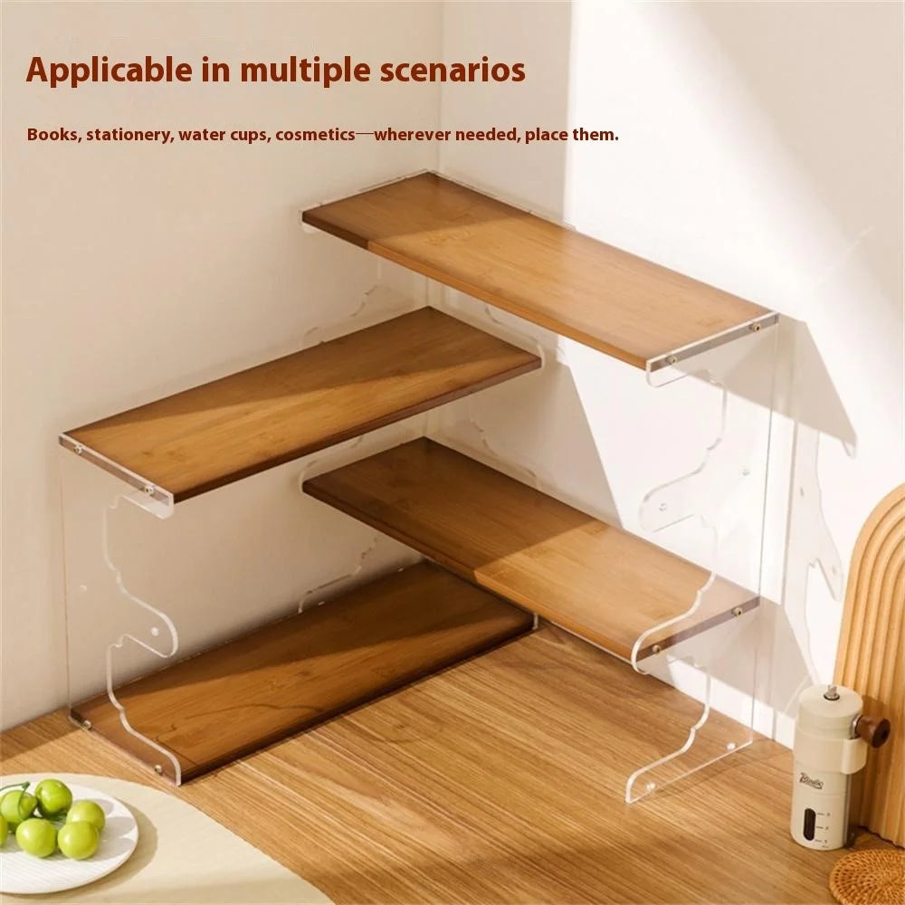 Desktop Corner Coffee Cup Holder L-Shape Bamboo Bookshelf Display Rack Storage Organizer - Brown - 3
