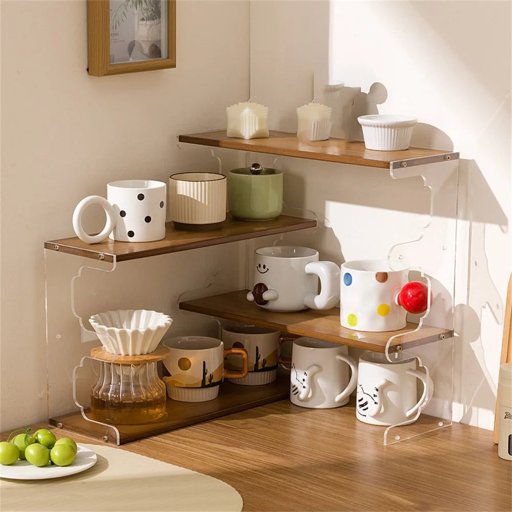 Desktop Corner Coffee Cup Holder L-Shape Bamboo Bookshelf Display Rack Storage Organizer - Brown - 4