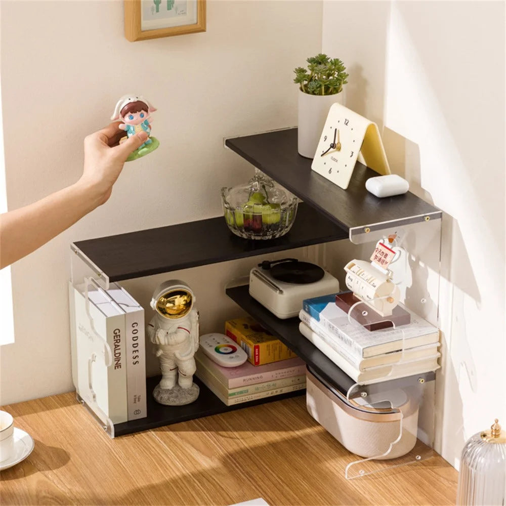 Desktop Corner Coffee Cup Holder L-Shape Bamboo Bookshelf Display Rack Storage Organizer - Brown - 5
