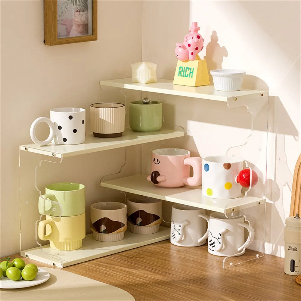 Desktop Corner Coffee Cup Holder L-Shape Bamboo Bookshelf Display Rack Storage Organizer - Brown - 6
