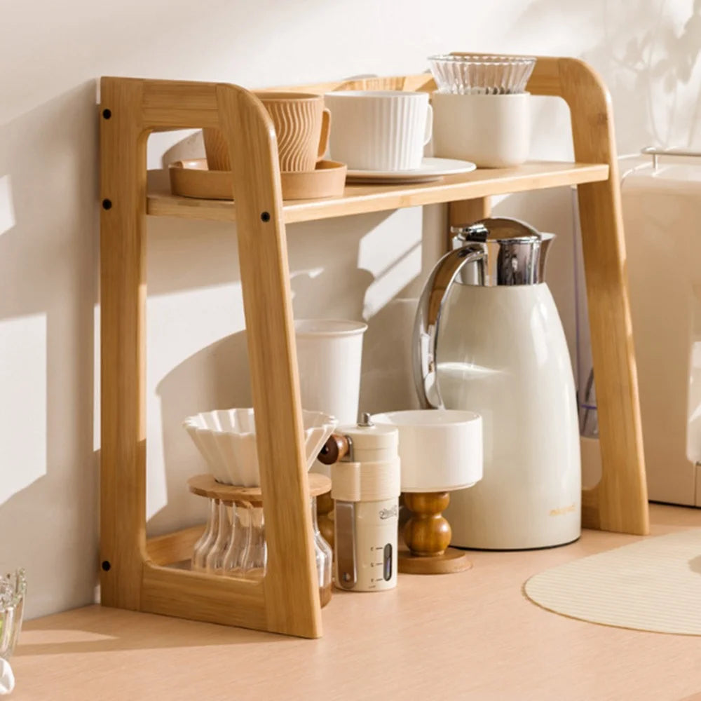Bamboo Mug Holder Organizer 40CM For Desk Tea Coffee Cup Storage Rack Multi-Tier Display Stand - Wood Color - 1