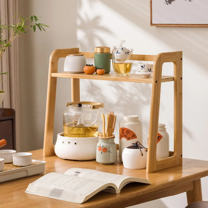 Bamboo Mug Holder Organizer 40CM For Desk Tea Coffee Cup Storage Rack Multi-Tier Display Stand - Wood Color - 2