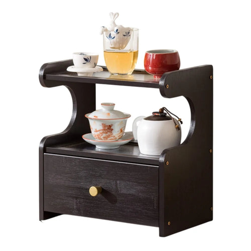 2 Tier Desktop Cup Holder Organizer Modern Minimalist Display Shelf With Drawer Tea Set Storage Rack 30cm - Changhong Black - 1
