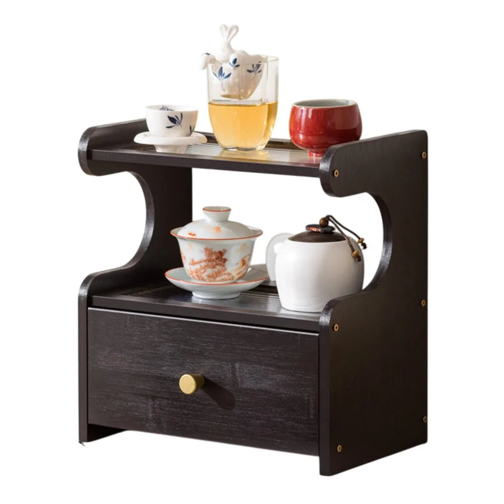 2 Tier Desktop Cup Holder Organizer Modern Minimalist Display Shelf With Drawer Tea Set Storage Rack 30cm - Changhong Black - 1