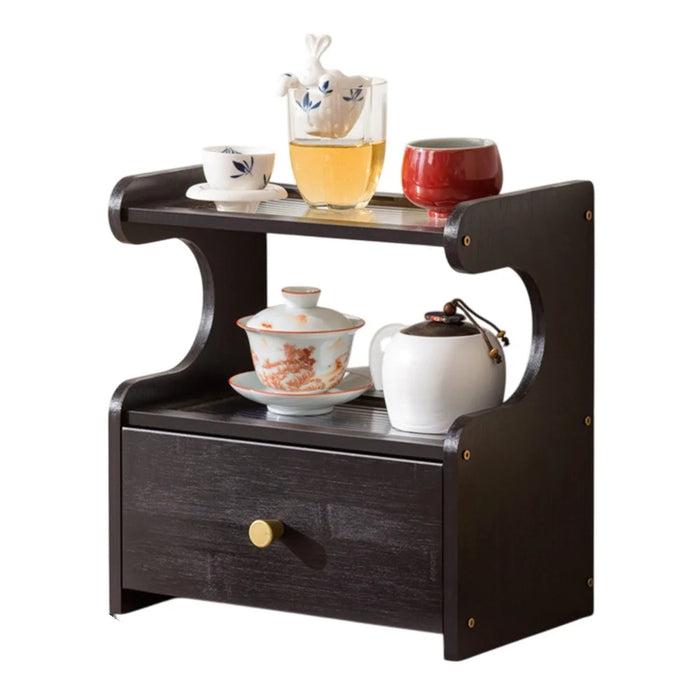 2 Tier Desktop Cup Holder Organizer Modern Minimalist Display Shelf With Drawer Tea Set Storage Rack 30cm - Changhong Black - 1