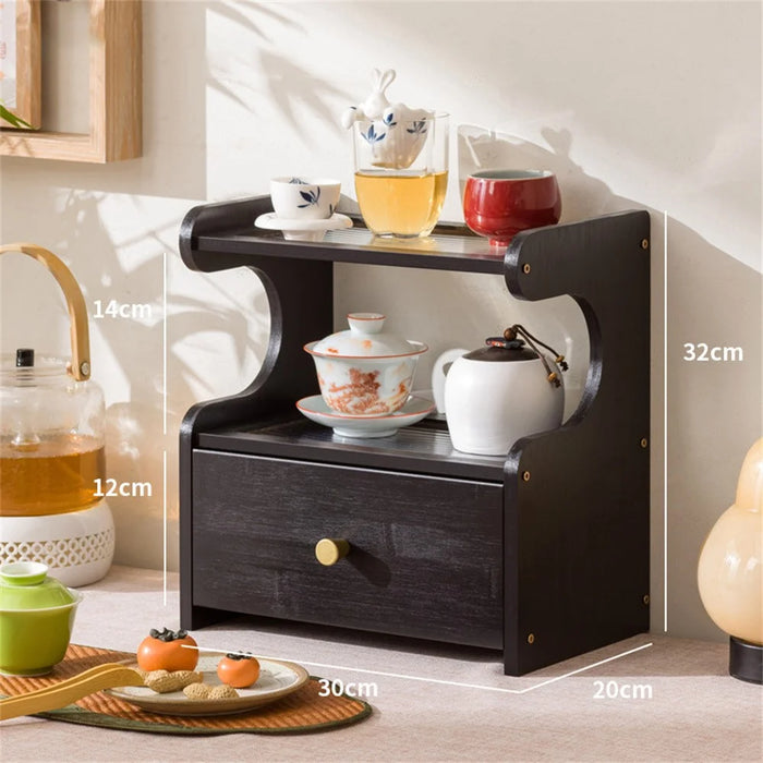 2 Tier Desktop Cup Holder Organizer Modern Minimalist Display Shelf With Drawer Tea Set Storage Rack 30cm - Changhong Black - 4