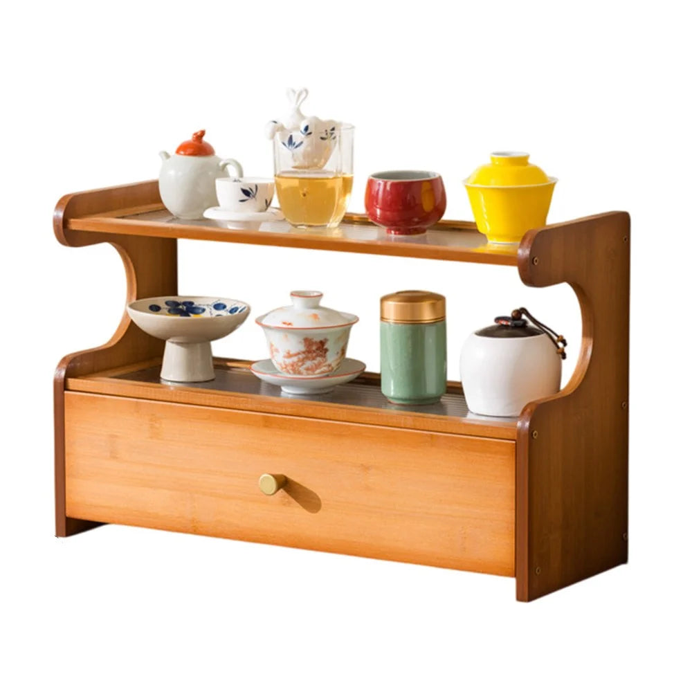50cm Length 2 Tiers Tea Cup Holder Storage Rack with Drawer Bamboo Desktop Organizer Display Shelf - Striped Texture / Tan - 1