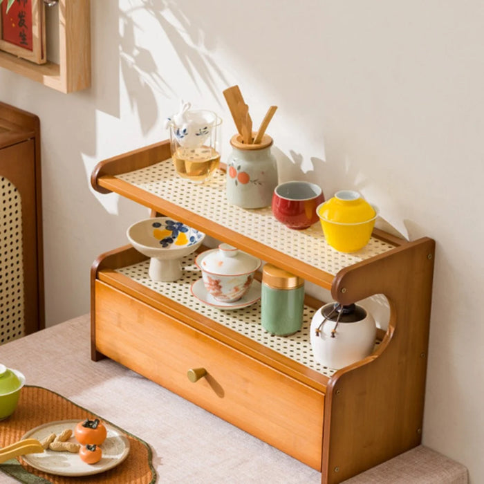 50cm Length 2 Tiers Tea Cup Holder Storage Rack with Drawer Bamboo Desktop Organizer Display Shelf - Striped Texture / Tan - 2