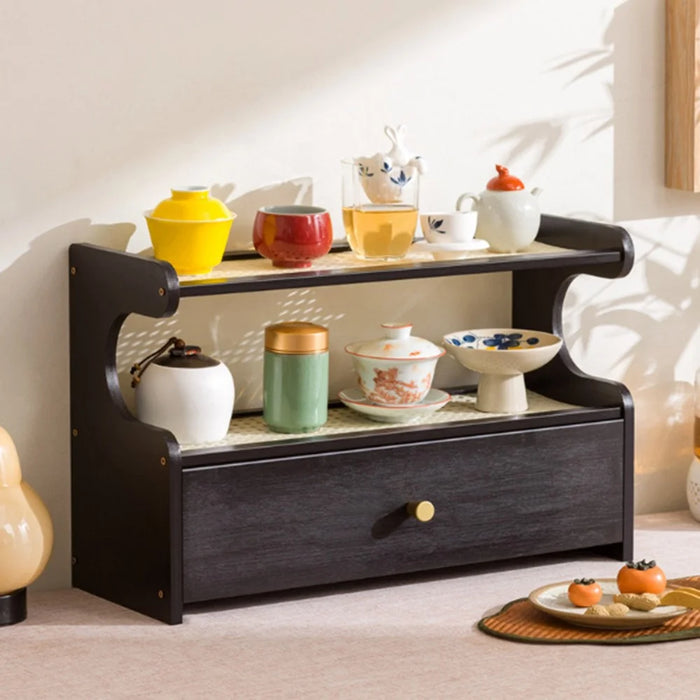 50cm Length 2 Tiers Tea Cup Holder Storage Rack with Drawer Bamboo Desktop Organizer Display Shelf - Striped Texture / Tan - 5