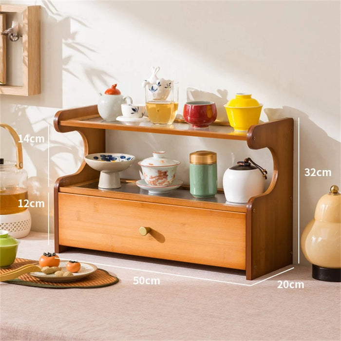 50cm Length 2 Tiers Tea Cup Holder Storage Rack with Drawer Bamboo Desktop Organizer Display Shelf - Striped Texture / Tan - 6