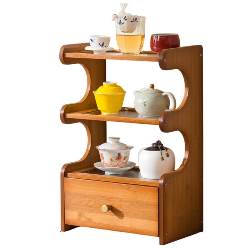 30cm 3 Tier Desktop Cup Holder Organizer Bamboo Display Shelf Storage Rack with Drawer - Acrylic Plate / Brown - 1