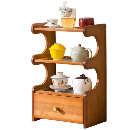 30cm 3 Tier Desktop Cup Holder Organizer Bamboo Display Shelf Storage Rack with Drawer - Acrylic Plate / Brown - 1