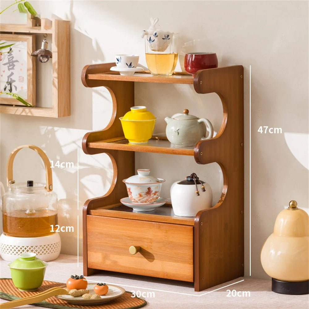 30cm 3 Tier Desktop Cup Holder Organizer Bamboo Display Shelf Storage Rack with Drawer - Acrylic Plate / Brown - 4