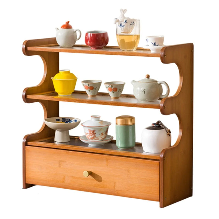 3-Tier Bamboo Wood Desktop Organizer With Drawer For Cups Tea Set Storage Display Rack 50cm - Changhong Brown - 1