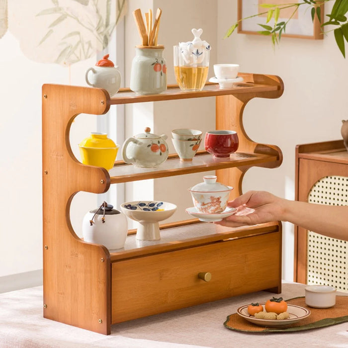 3-Tier Bamboo Wood Desktop Organizer With Drawer For Cups Tea Set Storage Display Rack 50cm - Changhong Brown - 2