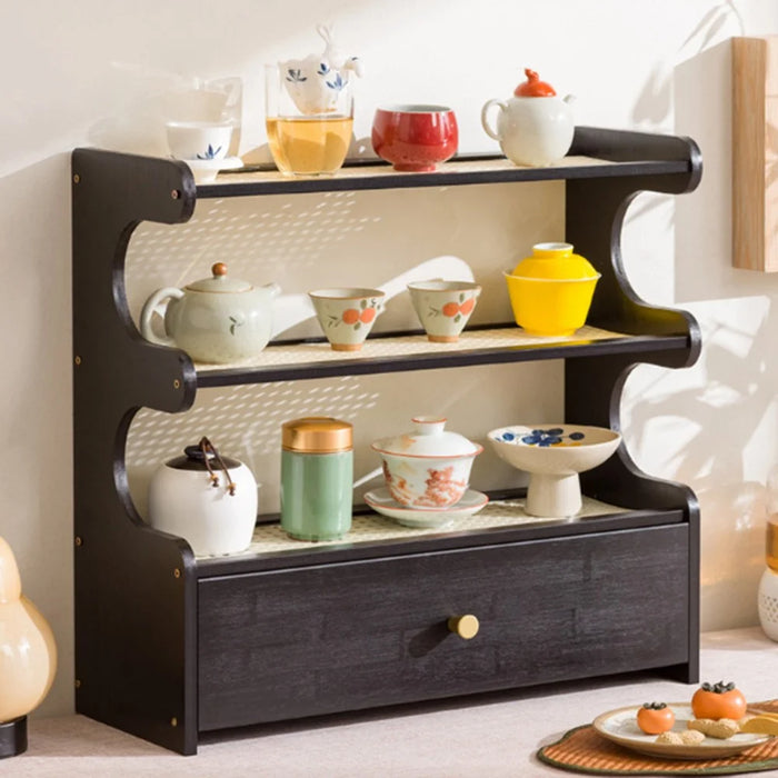 3-Tier Bamboo Wood Desktop Organizer With Drawer For Cups Tea Set Storage Display Rack 50cm - Changhong Brown - 6