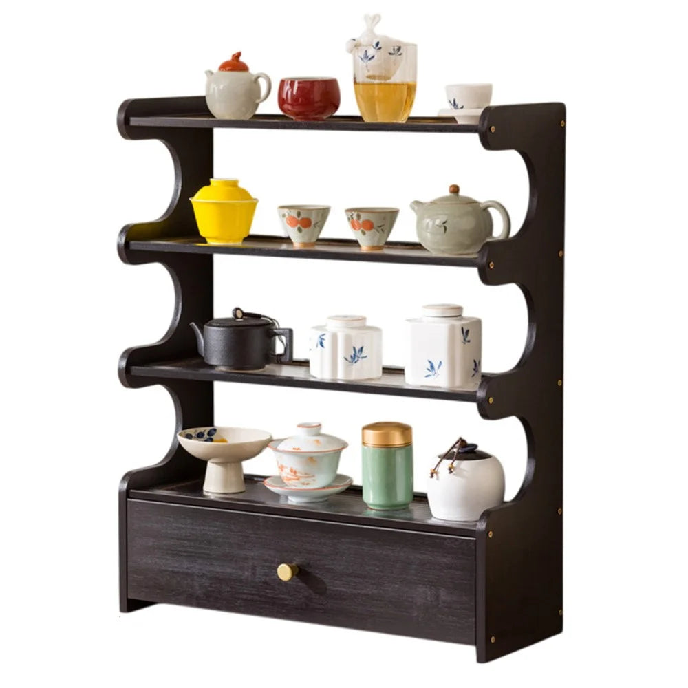 4 Tier Desktop Cup Holder Organizer Modern Minimalist Storage Rack with Drawer Tea Set Display Stand 50cm - Changhong Black - 1