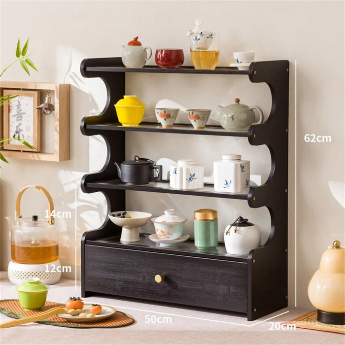 4 Tier Desktop Cup Holder Organizer Modern Minimalist Storage Rack with Drawer Tea Set Display Stand 50cm - Changhong Black - 4