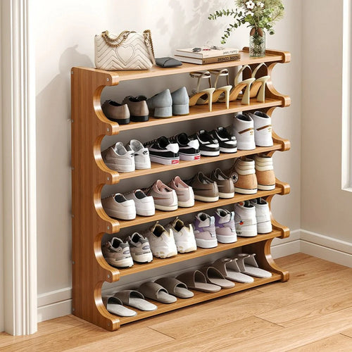 Bamboo Shoe Rack 6-Tier 80cm Length Storage Organizer Shelf for Entryway Dorm Home - 1