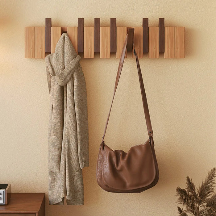Wooden Coat Rack Wall Mounted 8 Hooks Foldable Piano Key Design Entryway Hanger for Bedroom Hallway - Splicing Color - 2