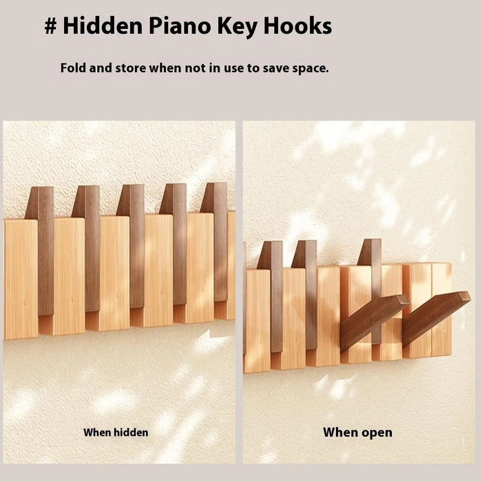 Wooden Coat Rack Wall Mounted 8 Hooks Foldable Piano Key Design Entryway Hanger for Bedroom Hallway - Splicing Color - 4