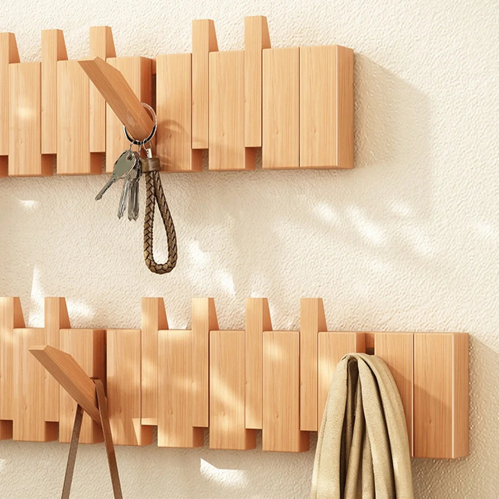 Wooden Coat Rack Wall Mounted 10 Hooks Foldable Piano Key Design Entryway Hanger for Bedroom Hallway - Splicing Color - 4
