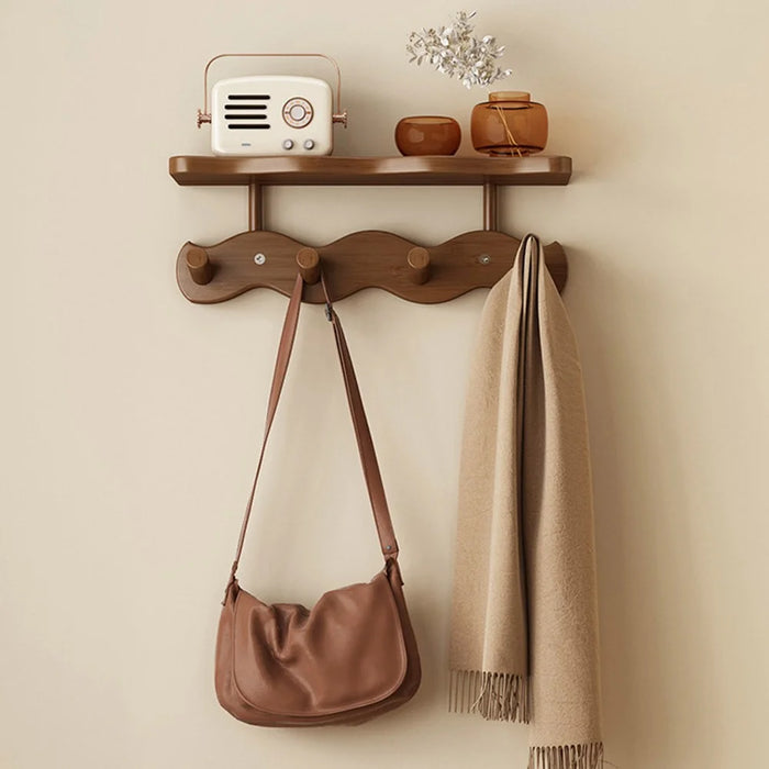 Bamboo Coat Hooks Wall Mounted Towel Rack Shelf 4 Hooks No Drill Hanging Organizer for Entryway Bedroom Hallway - Brown - 1