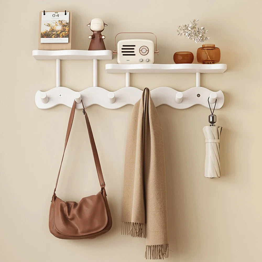Bamboo Coat Hooks Wall Mounted Towel Rack Shelf 6 Hooks No Drill Hanging Organizer for Entryway Bedroom Hallway - White - 1